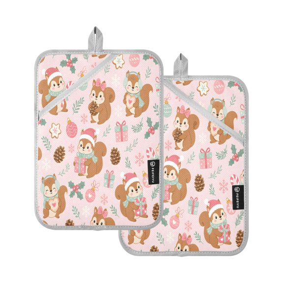 Two Pieces Of Square Heat Insulation Pad Oven Mitts Seam Squirrel Christmas 7x9.8 Inch Oven Microwave Kitchen Cooking Baking
