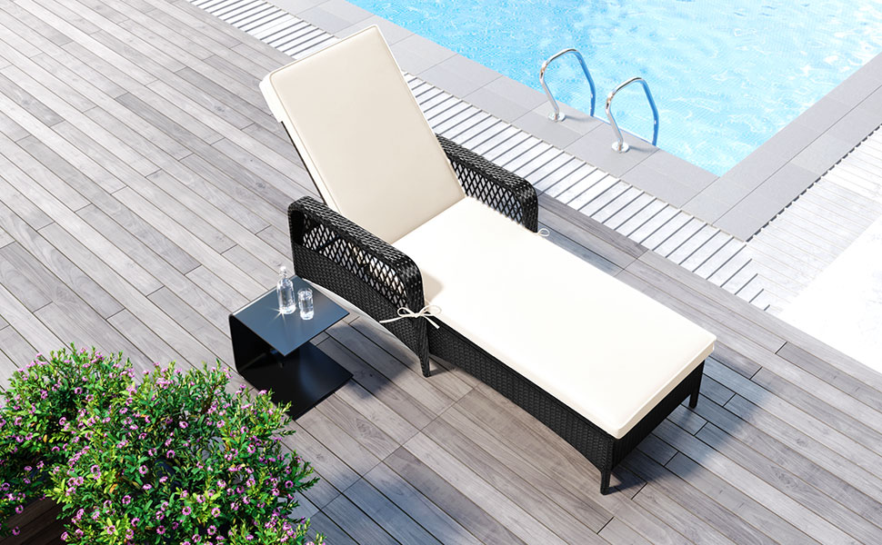 Outdoor Rattan Chaise Lounge Set, 1 Seat Patio Chaise Lounge, White Sun Lounger, Rattan Reclining Chair Furniture, Adjustable Backrest Recliners with Cushions for Garden Beach Pool - image 4 of 7