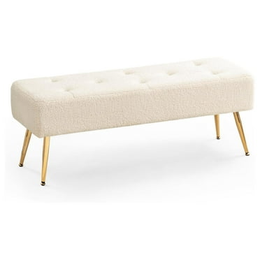 Faux Fur Boho Bench Ottoman Upholstered Tufted Bench with Padded Seat, Footrest Foot Stool with Sturdy Metal Leg, for Bedroom Living Room Entryway