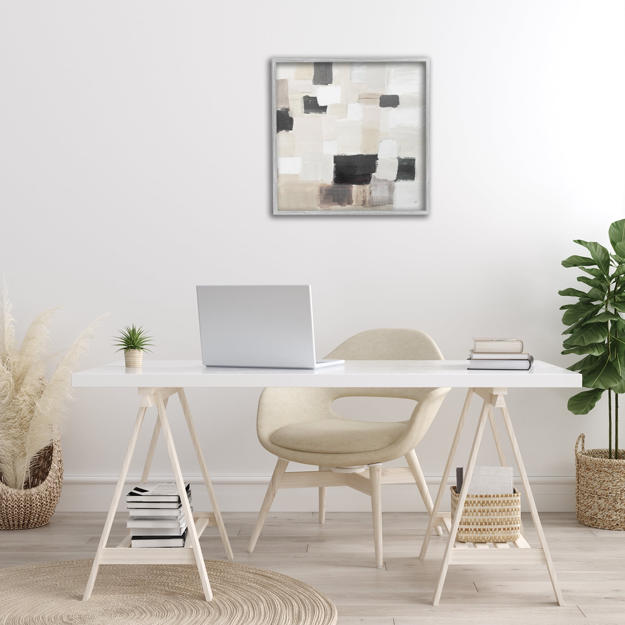 Stupell Industries Natural Square Patchwork Abstract Painting Gray Framed Art Print Wall Art, 24 x 24