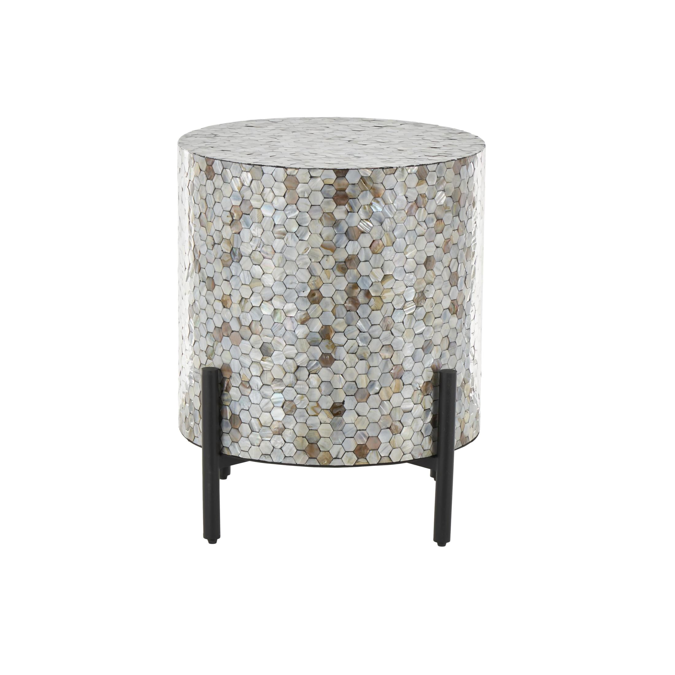 DecMode 18" x 22" Multi Colored Mother of Pearl Shell Handmade Hexagon Mosaic Inlay Abstract Accent Table with Black Metal Legs, 1-Piece