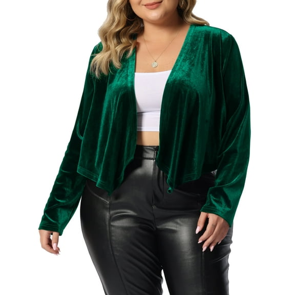 Agnes Orinda Plus Size Velvet Cardigan for Women Open Front Long Sleeve Cropped Jacket Cardigans 1X Green