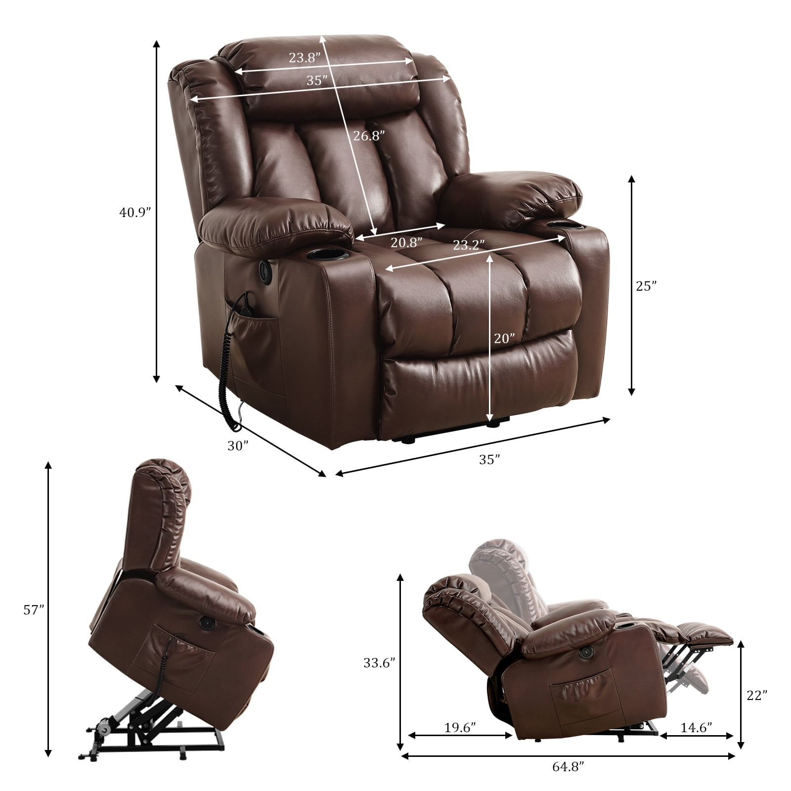 TEKAMON Large Power Lift Recliner Chair for Elderly with Heat and Massage Leather Electric Recliners Chair For Living Room with Cup Holders, Remote Control (Brown)