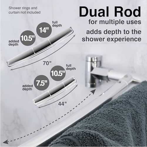 Double Curved Shower Rod, Metal Construction, Adjustable Between 44 to 70 Inches, Aluminum Rods and Zinc Mounting Hardware, Quality Modern Bathware, Chrome Finish