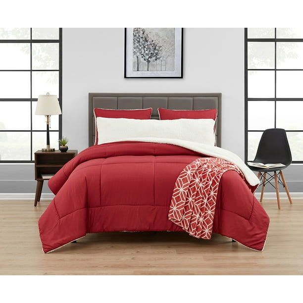 Serta So Cozy 5Piece Sherpa Reverse Comforter Set, Red, King