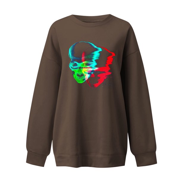 Sudadera gruesa de cuello redondo con estampado de cabeza de calavera divertida de Halloween a la moda para mujer Top de manga larga Fridja fjkfkj5996