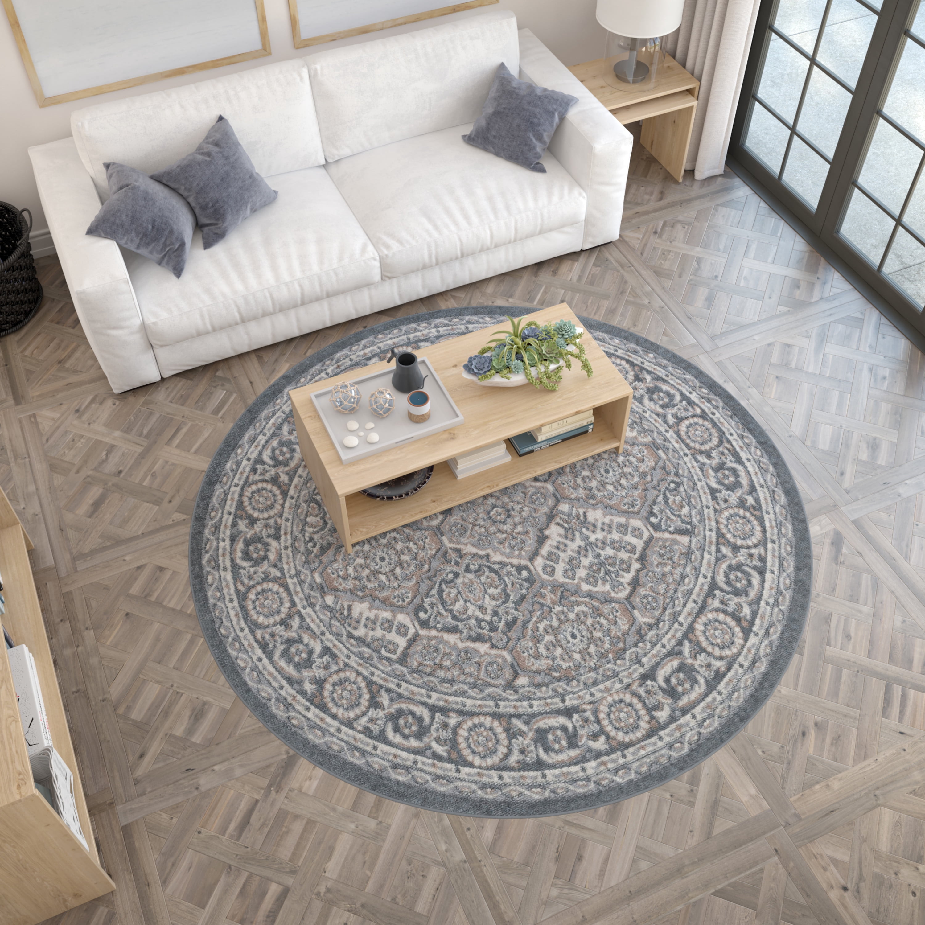 Hampton Traditional 8' Round Gray and Cream Polypropylene Indoor Area Rug