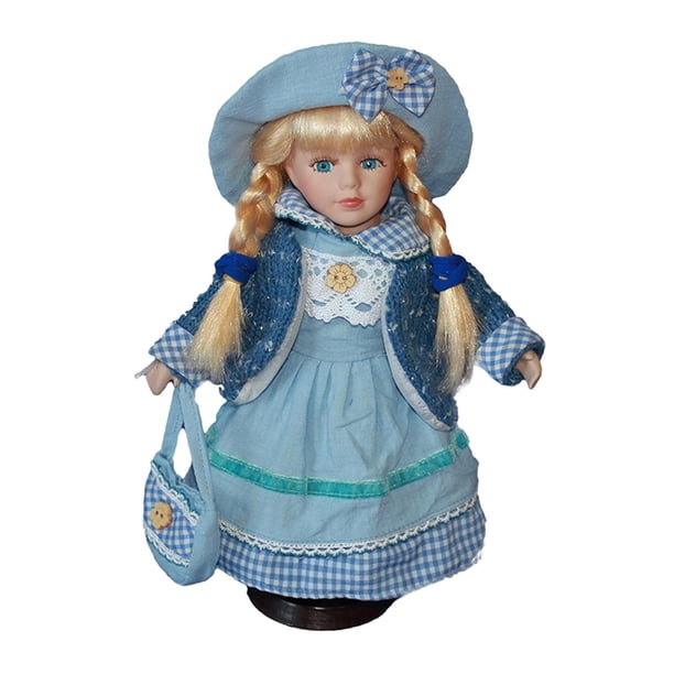 Figura de muñeca de porcelana con soporte, bellamente elaborada, regalo para niñas y mujeres. Azul
