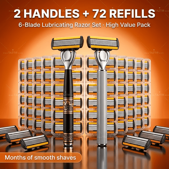 [2 72] Luxury Shaver with 6 Layers of Blades, Contains 2 Handles & 72 Replaceable Blades, Ergonomic Handle, Precision Design, A Smooth and Precise Beauty Kit for Men