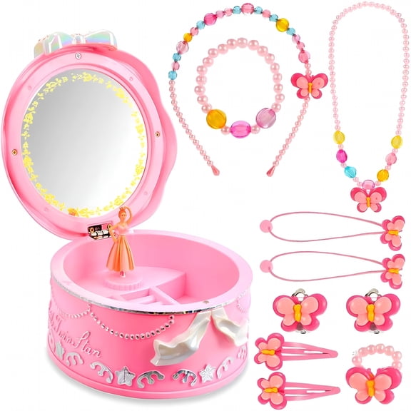 BESTSKY Pink Music Box Girls, Round Kid Jewelry Storage Box for Girls, with 360 Degree Rotating Dancing Girls, Children Necklace Bracelet Seven Set