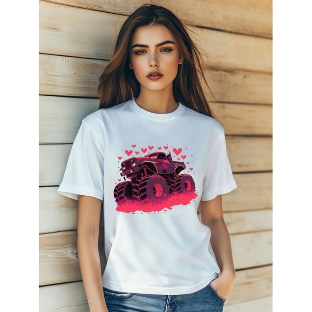Women's Summer Casual T-Shirt Fashion Trendy Trucks, Valentine's Day Boys' 'Heart Crusher' Love Print Short Sleeve Round-Neck Slm Fit Tops Streetwear