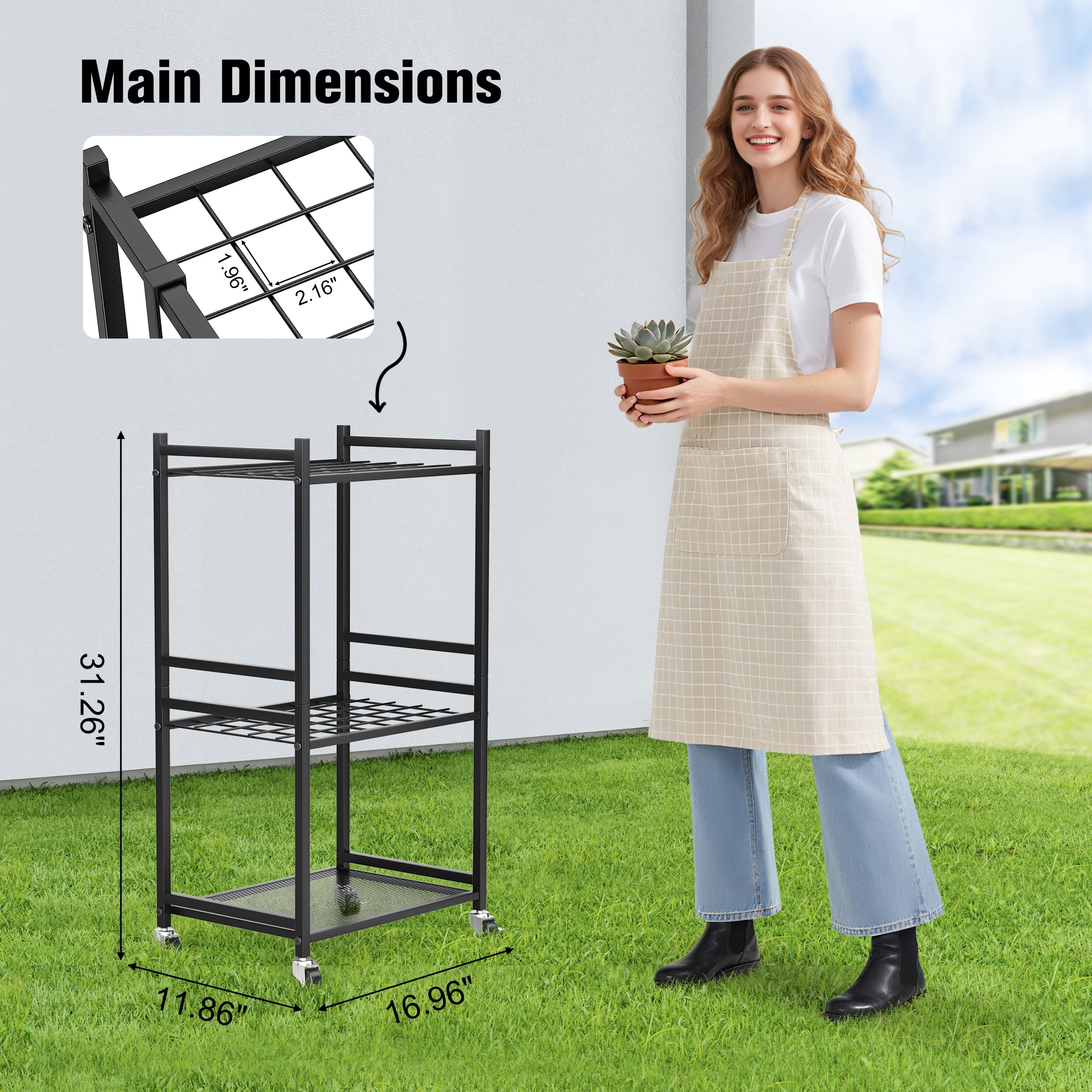 RELOIVE Garden Tool Organizer With Wheels, Yard Tower Rack for Garage Storage, Up to 35 Long-Handled Tools, Sturdy Metal Steel Holder With 3 Hooks, Outdoor, Black