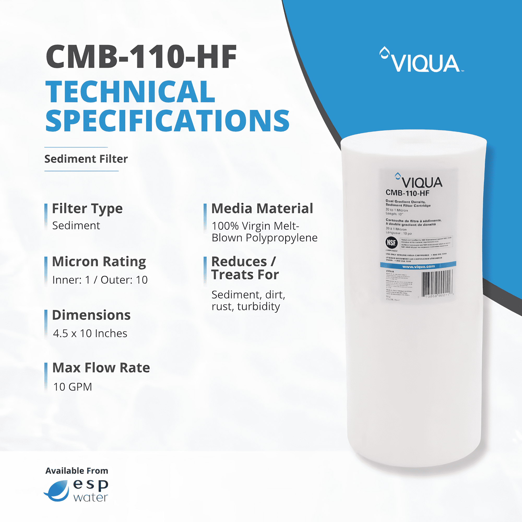 Genuine Viqua CMB-110-HF 1 Micron Sediment Filter, 4.5 x 10 In, High Flow