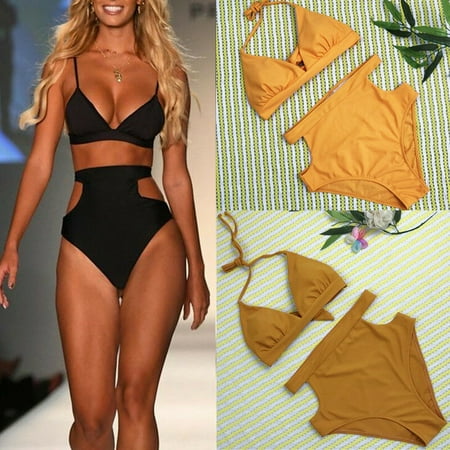 - Solid Size Plus Women Swimsuit Push Up Padded Swimwear Bandage Halter Bikini Set High Waist Sexy Design Bathing Suit Beachwear