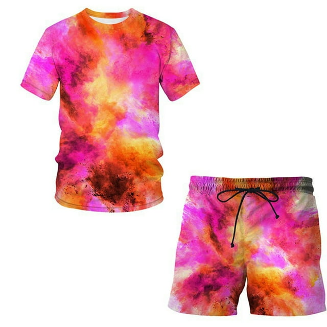 toraway Automne Costumes pour Hommes Coupe Ajustée Bleu Motif Personnalité Imprimé 3D Ensemble Décontracté Manches Courtes TG