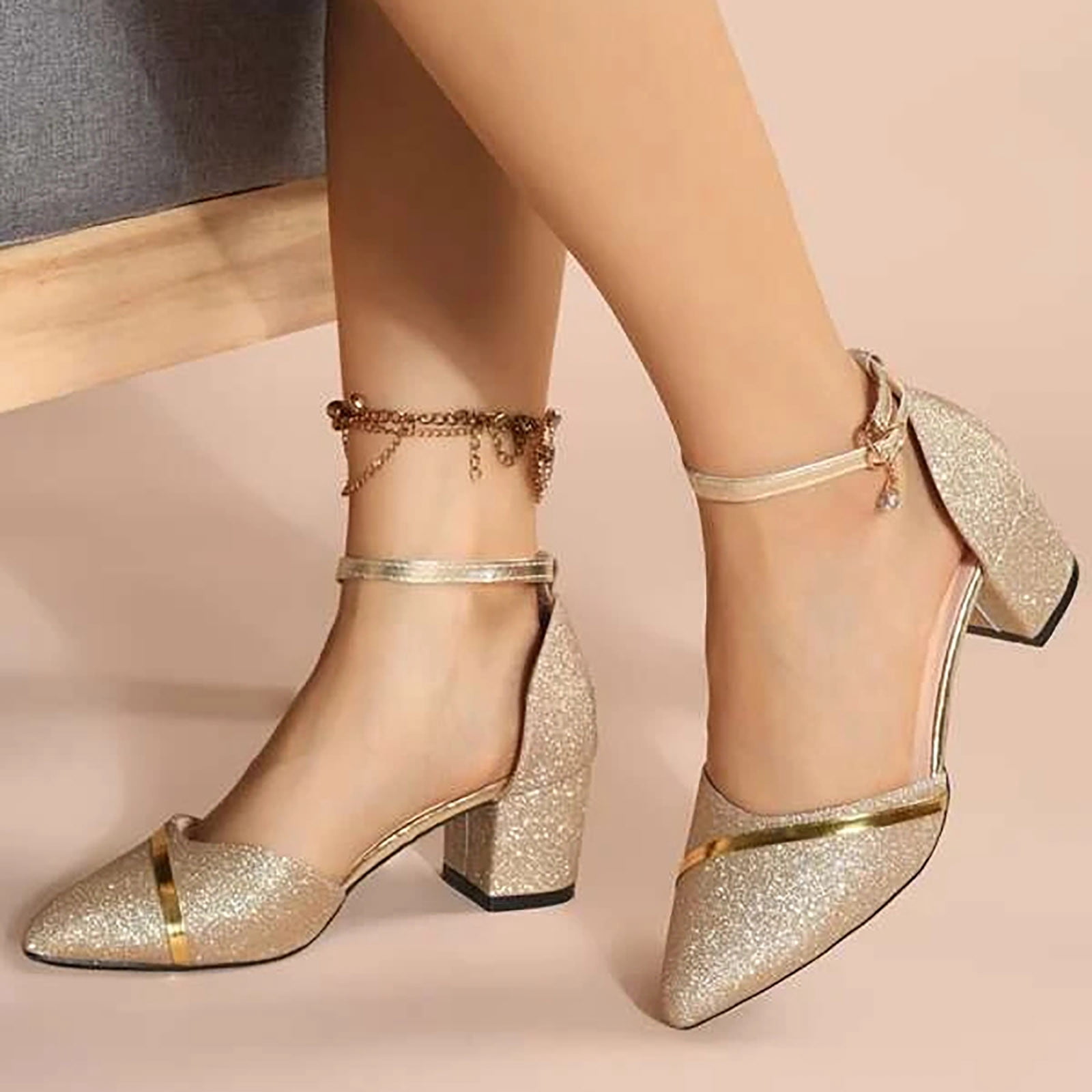Womens Low Mid Square Heel Ankle Strap 