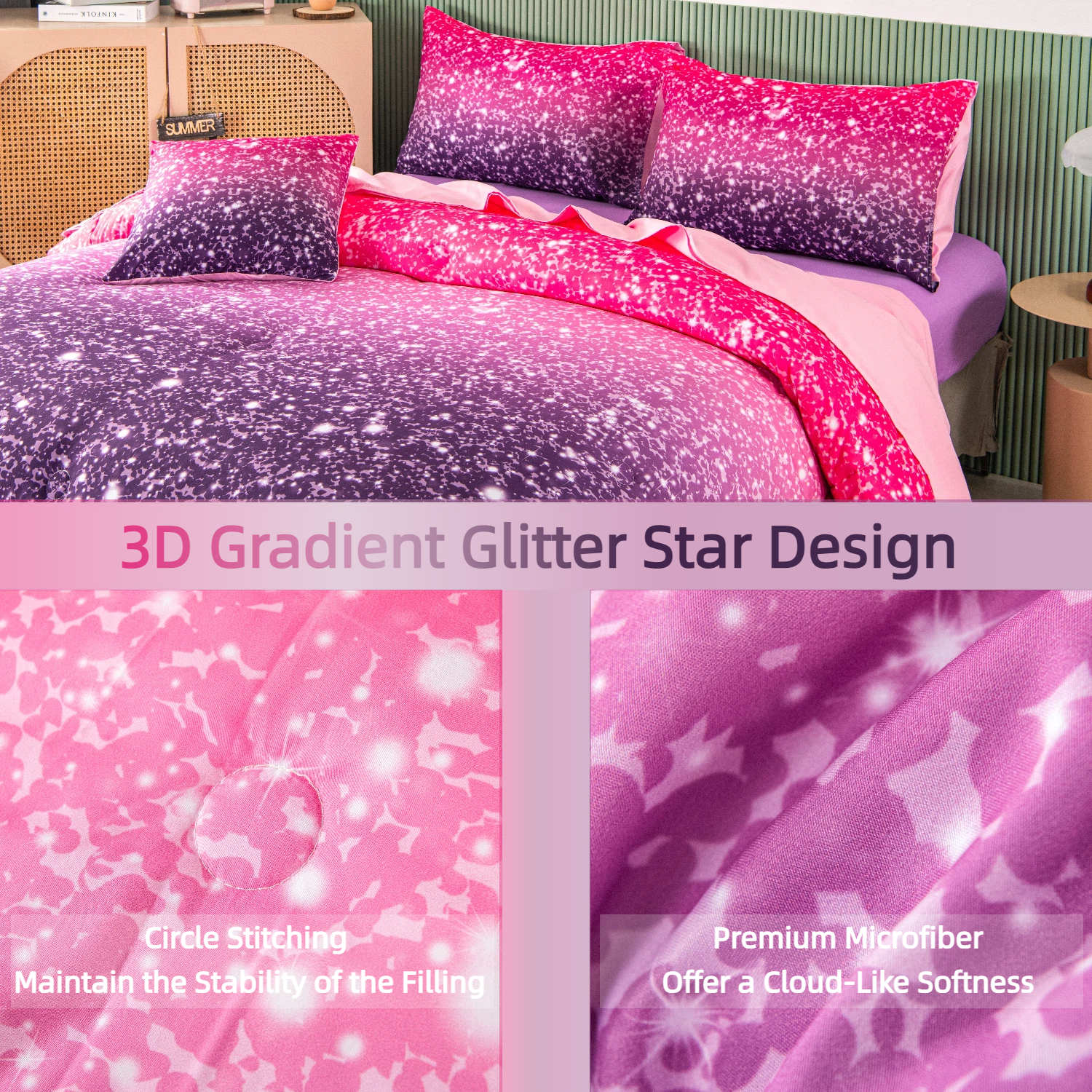 PERFEMET 6 Pieces Pink Purple Full Size Comforter Set Glitter Star Ombre Galaxy Printed Bedding Set Soft Microfiber Bed in a Bag for Kids Teens Girls (Purple,Full)