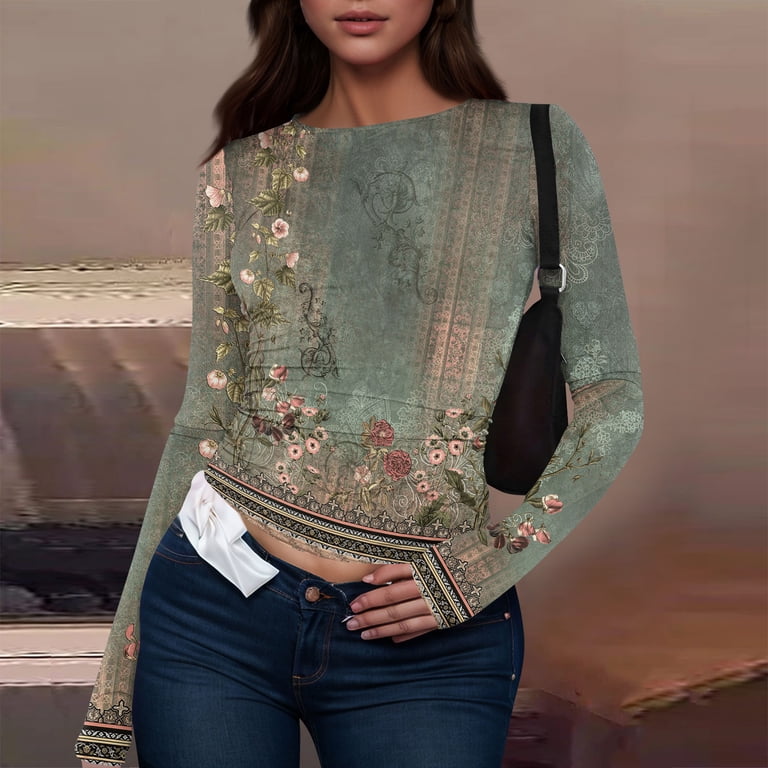 MEROKEETY Women's Bell Sleeve Floral Top - Long Sleeve Y2K Fall Shirt, Slim Fit Going Out Blouse