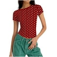 thumbnail image 4 of qucoqpe Womens 2026 Spring Summer Fashion Polka Dot Printed Crewneck Short Sleeve Tee Casual Slim Fit Blouses Tops, 4 of 5