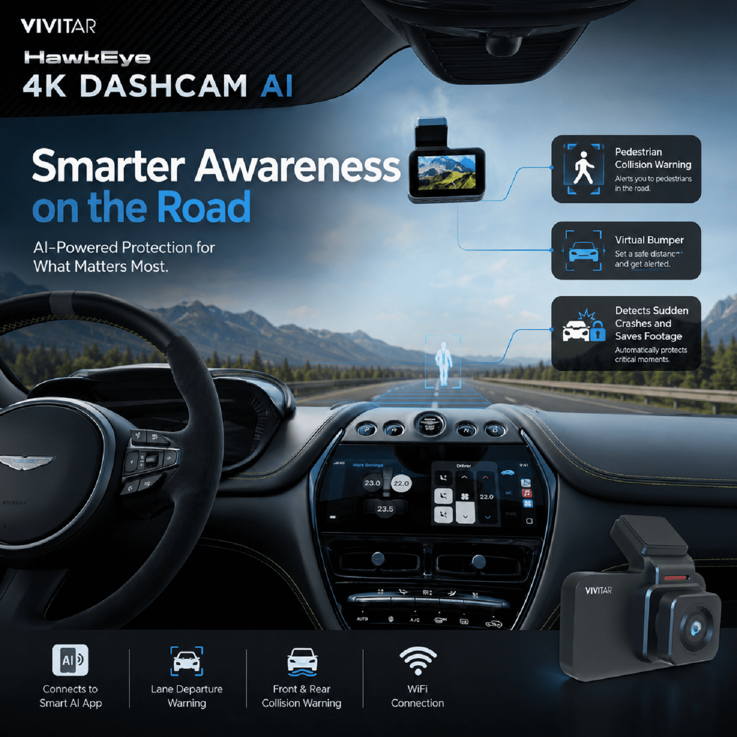Vivitar HawkEye 4K AI Dash Cam with WiFi, Smart AI App, Front & Rear Collision Warnings, Lane Departure Alert, G-Sensor & 8GB MicroSD Card
