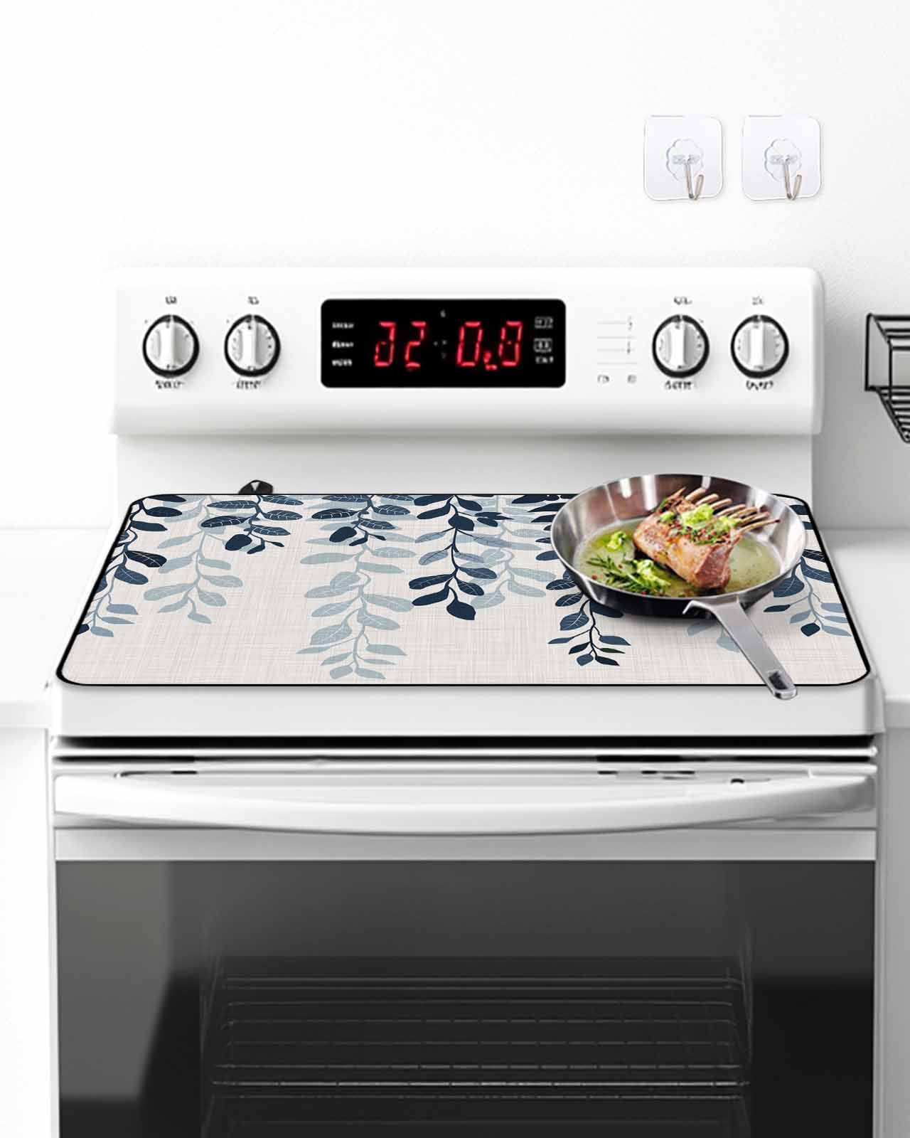 Stove Top Covers for Electric Stove, Navy Blue Ombre Botanical Glass Stovetop Cover Protector, Watercolor Pastoral Leaf Rustic Induction Cooktop Protector Oven Mat for Kitchen Countertop 24"x21"