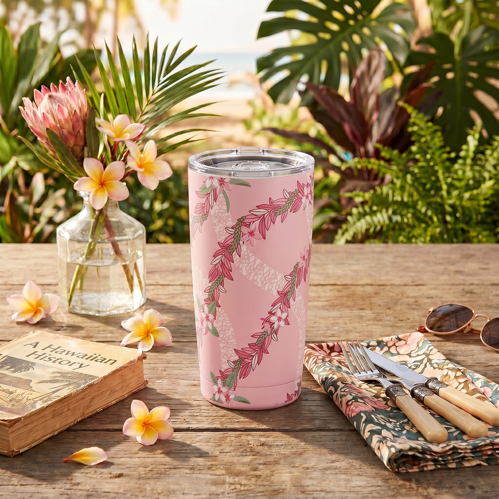 Island Crew 20 oz Light Pink Plumeria Bloom Stainless Steel Tumbler