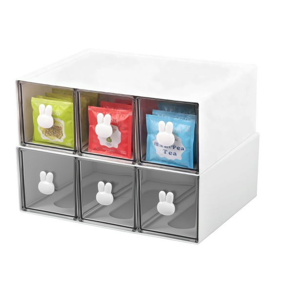 2 Pcs Plastic Tea Box with 3 Drawers Stackable Tea Bag Organizer for Pantry Cabinet Countertop Holds Sugar Coffee