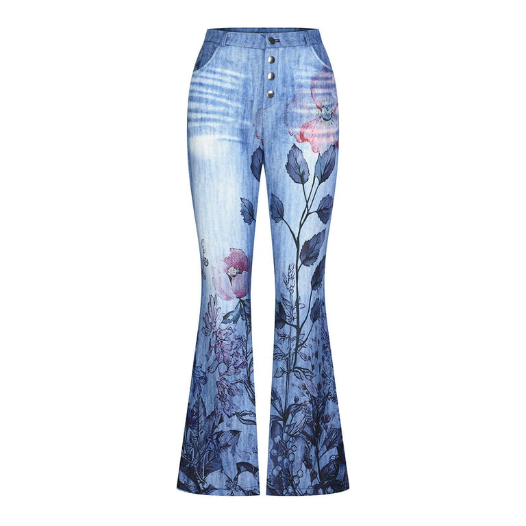 JYYYBF Women High Waisted Flare Pants Slim Trousers Female Plus Size Retro  Floral Print Bottoms Blue S 