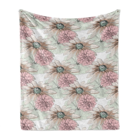 Floral Soft Flannel Fleece Throw Blanket, Close Up Scene of Sketchy Pencil Drawn Like Blossoms Endemic Flowers Garden, Cozy Plush for Indoor and Outdoor Use, 50" x 70", White Multicolor, by Ambesonne
