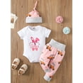 thumbnail image 2 of Toddler Baby Boy Girl Clothes Set Easter Jumpsuit Infant Letter Short Sleeve Romper Floral Bunny Hat Pants Outfit, 2 of 9