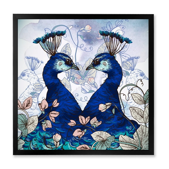 Designart 'Wildflowers With Two Blue Peacocks' Traditional Framed Art Print