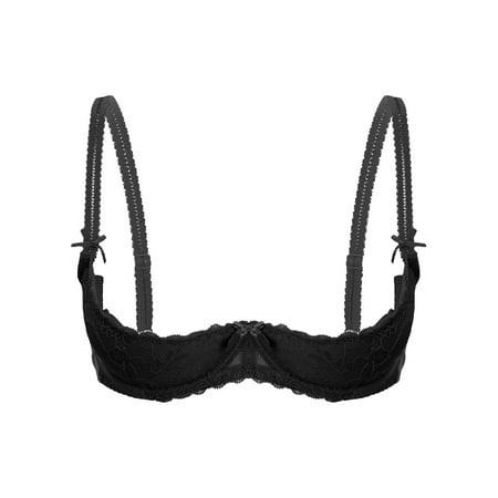 ranrann Womens Lace 1/2 Cups Bralette Push Up Sheer Mesh Underwire Shelf Bra Tops Black L