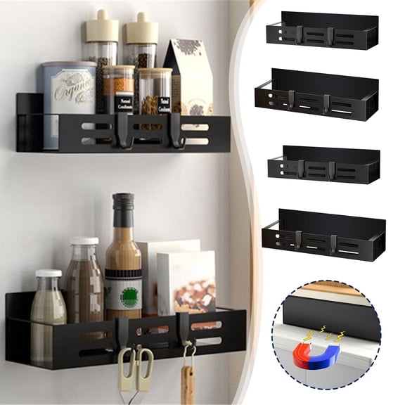 Magnetic Spice Rack for Refrigerator Side, Wall-Mounted No-Drill Organizer Shelf, Rust-Resistant Heavy-Duty Hold for Spices and Small Kitchen Items (2 Pack)