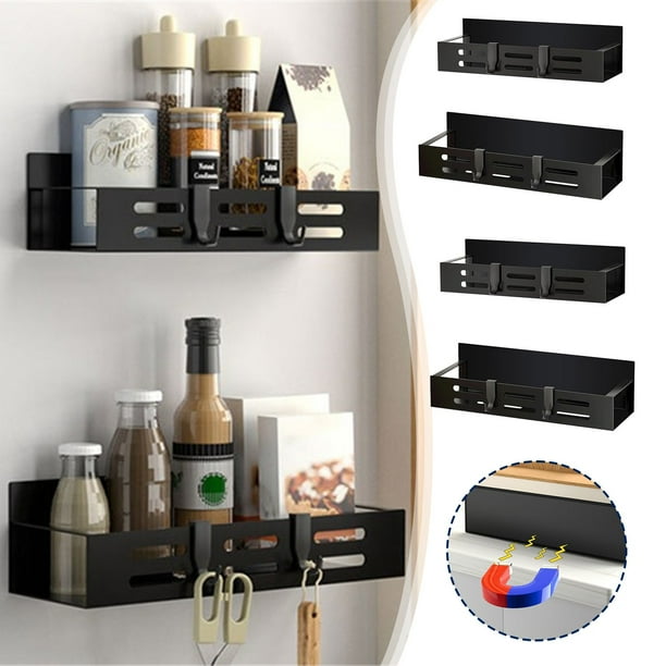 Estantería para estantería de especias para frigorífico magnético | Almacenamiento de cocina montado en la pared, imán de alta resistencia, negro mate, metal resistente al óxido | Contiene tarros de