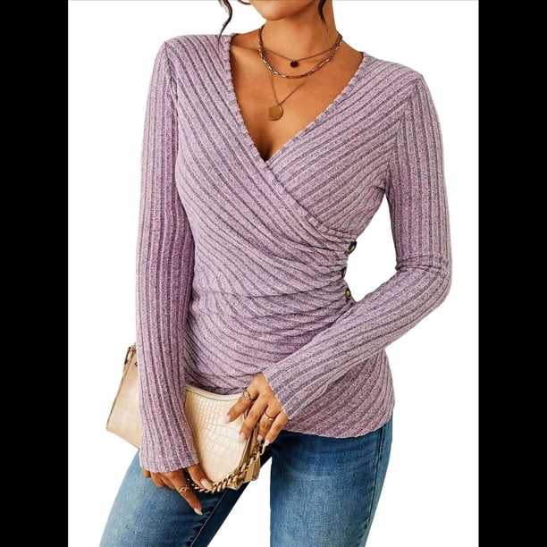 Camisa de Larga para Mujer, Cuello en V, Punto Acanalado, Suéter Ajustado con Botones, Blusa Informal de Trabajo para Otoño Gris Rosado Pálido L