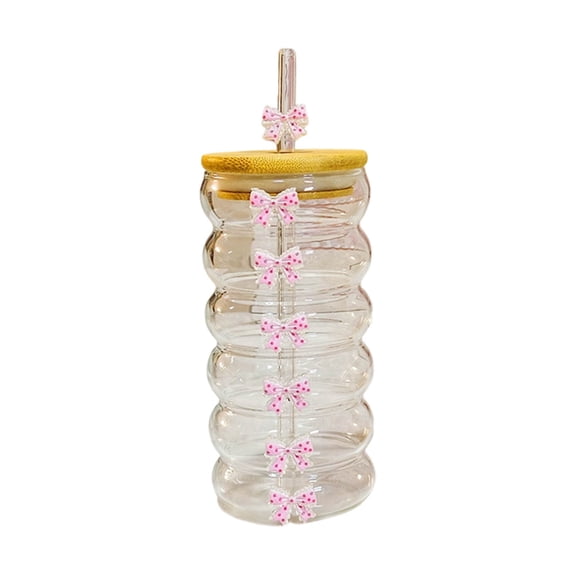 Bow-Tied Glass Cups with Lids and Straws, Cute Tumbler Drinking Glasses with Straw, Reusable Iced Coffee Cup for Smoothie Juice , Gift for Women Girls