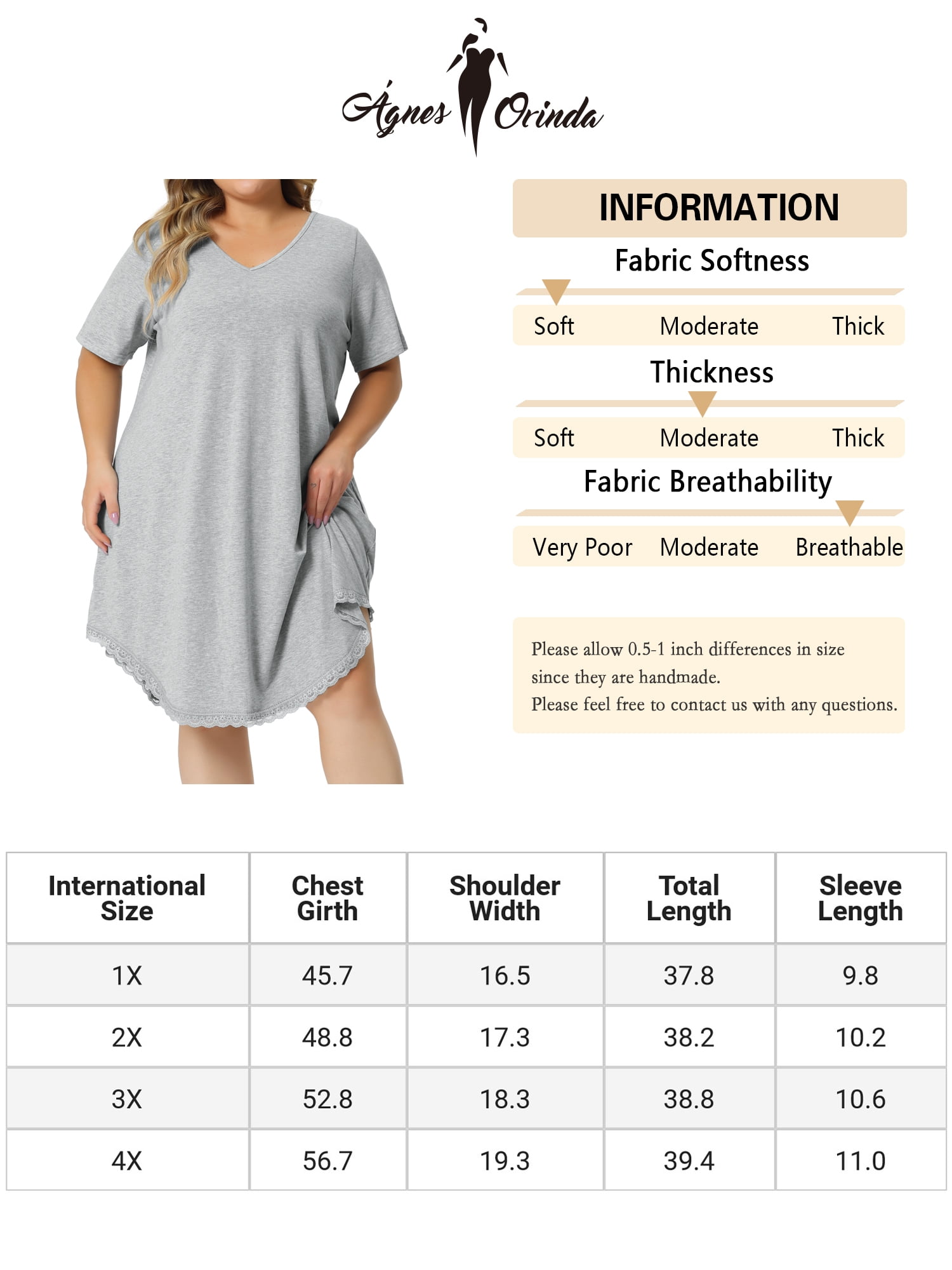 Unique Bargains Women's Plus Size V Neck Lace Trim Hem Loose Nightgown Sleepwear Pajamas 2X Light Gray