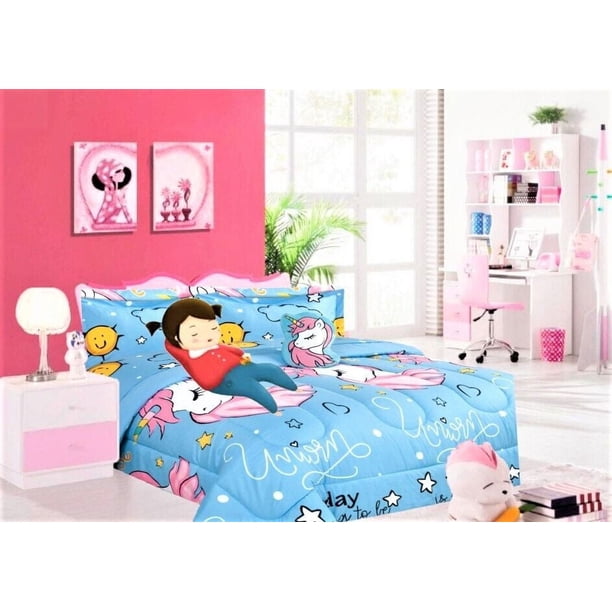 Edredón de 6 piezas para dormitorio infantil, niña y niño, tamaño doble, unicornio n.° 4, azul cielo, reversible, suave y esponjoso. Incluye 1 edredón, 1 funda, 1 sábana plana, 1 sábana ajustable, 1