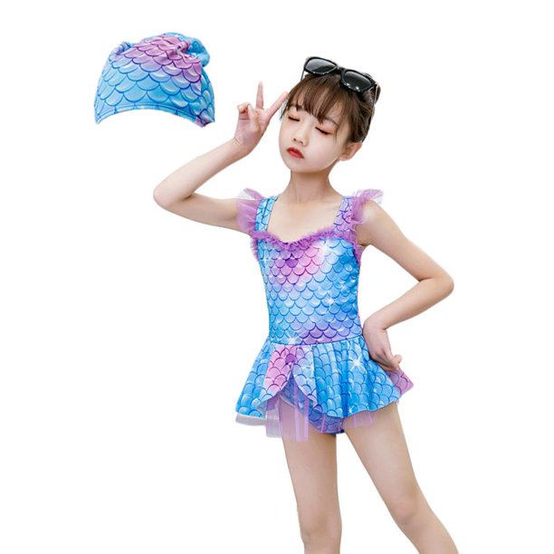 Girls One Piece Mermaid Swimsuits With Swimming Cap Bathing Suit Beach