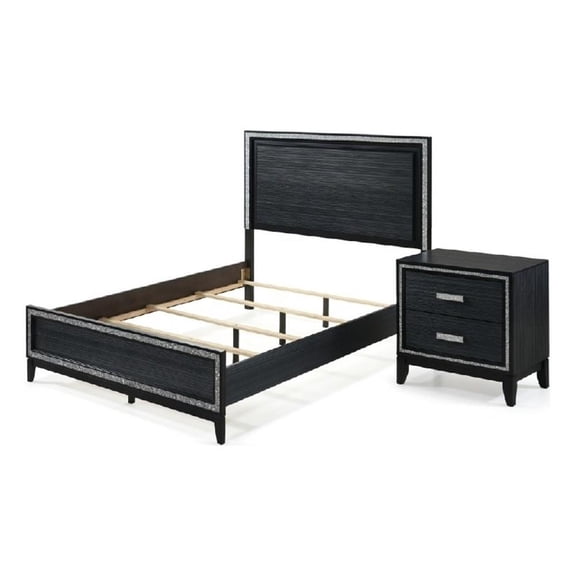 Queen Size Bedroom Set- Black Finish- 2-Piece Set with Bed and Nightstand