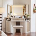 thumbnail image 3 of 46" Rattan Makeup Vanity Desk with Lighted Mirror, Drawers and Stool, Modern Corner Vanity with Glass Top and Charging Station, Grey, 3 of 8