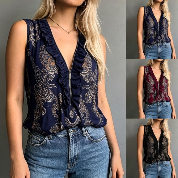 Trendfront Womens V Neck Tank Top with Front Zipper Boho Style Lace Ruffle Sleeveless Blouse Casual Summer Top for Women