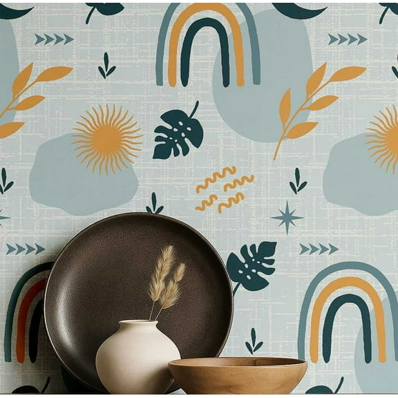 S4sassy Self-Stick Decorative Boho Wallpaper, Rainbow Abstract Print Walls Paper, Vinyl Waterproof Contact Paper, Blue, 25"x120"inch Removable Renter Friendly Wall Covering For Bedroom, Dining room