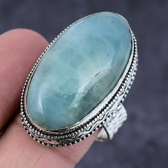 Natural Aquamarine Gemstone Handmade 925 Sterling Silver Jewelry Ring S.10