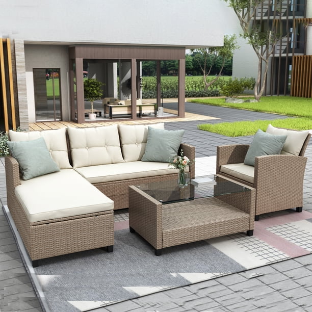 Outdoor Sectional Sofa Sets 4 Piece Patio Wicker Patio Furniture Set Patio Sectional With 1 Armchair Coffee Table Patio Conversation Sets For Backyard Lawn Poolside Garden Beige W15089 Walmart Com Walmart Com