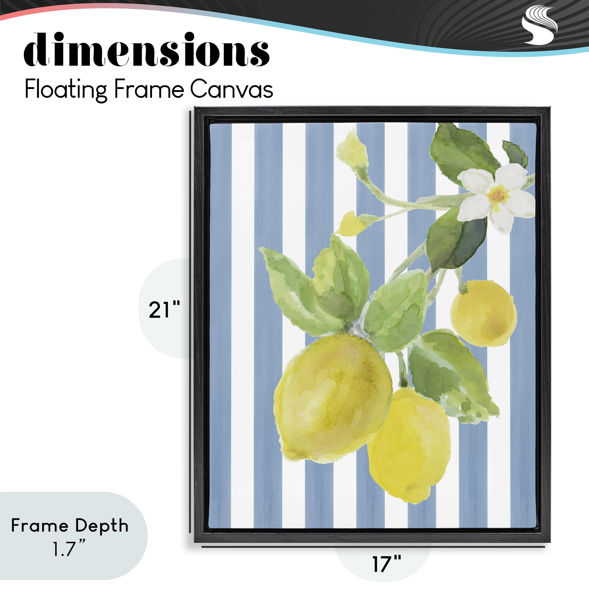 Stupell Industries Lemon Blossom on Blue Stripes Black Framed Floater Canvas Wall Art, design by Lanie Loreth