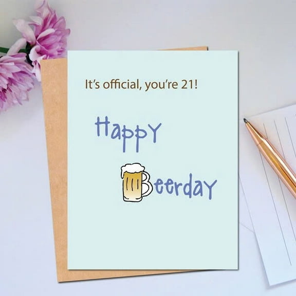 Happy 21st Birthday Card – Funny Beer-themed Design – “It’s Official, You’re 21!” – Blank Inside with Envelope – Perfect for Milestone Celebration