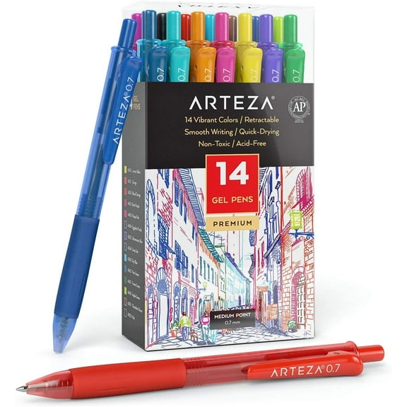 Arteza Retractable Gel Ink Colored Pens Set, Bright Colors - Doodle, Draw, Journal - 14 Pack