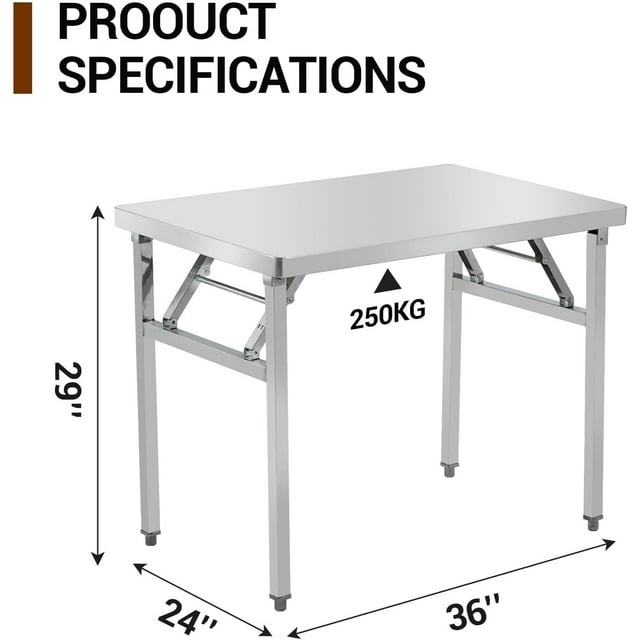 EDTara Commercial Worktable Workstation, Stainless Steel Folding Table with Metal Adjusting Foot for Kitchen