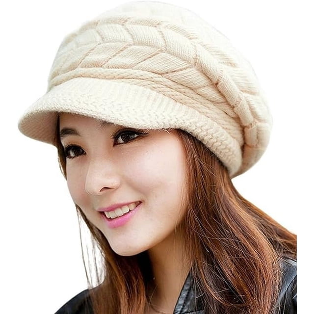 Gorro de esquí de lana tejido con orejeras de piel para mujer y niña, gorro de boina cálido para invierno, gorros de lana tejidos